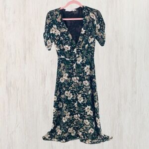 ASTR The Label Women XS Floral Button Front Midi Dress Black Green V Neck Lined